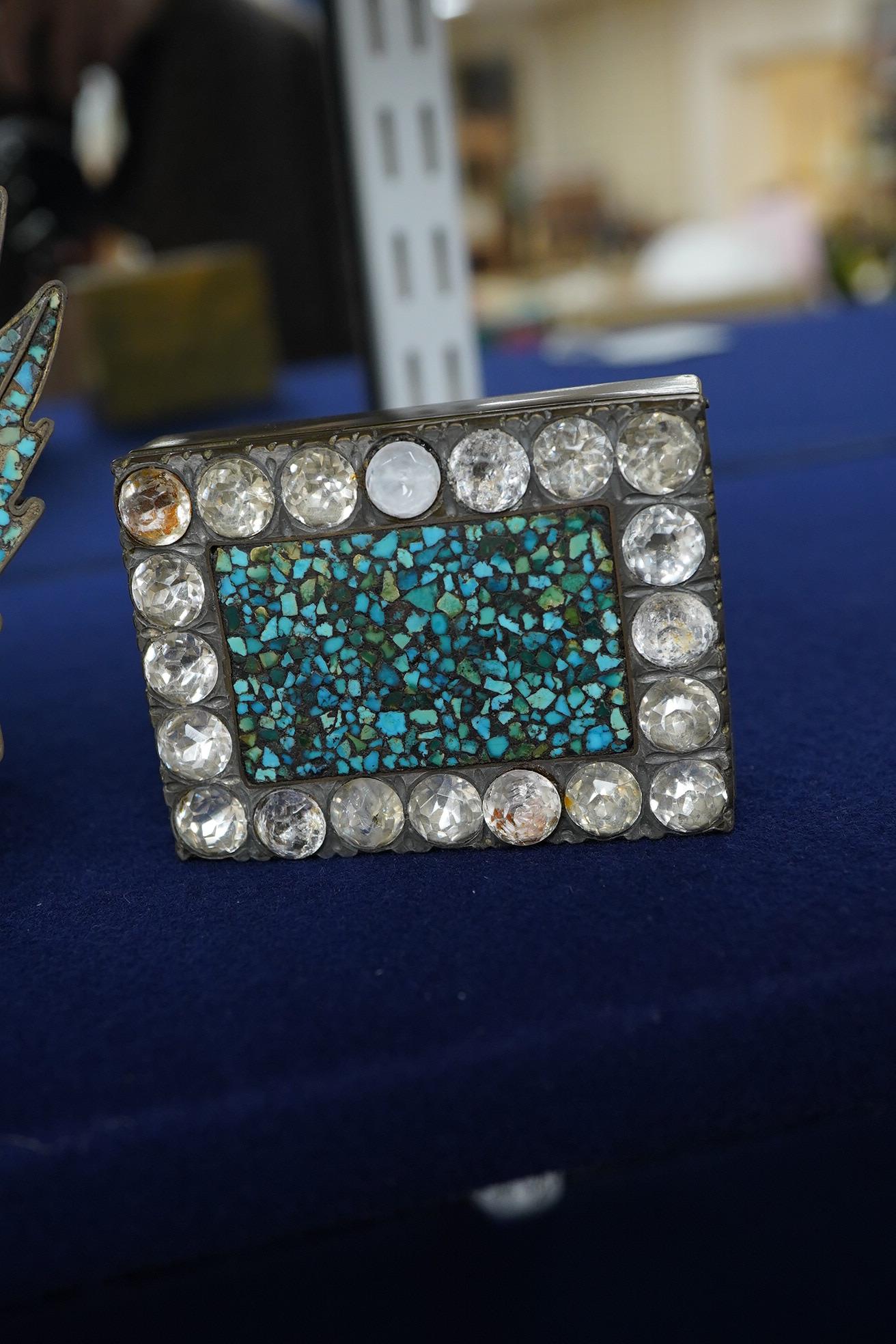 Two miniature turquoise inlaid easel frames and a similar box, largest 18cm high